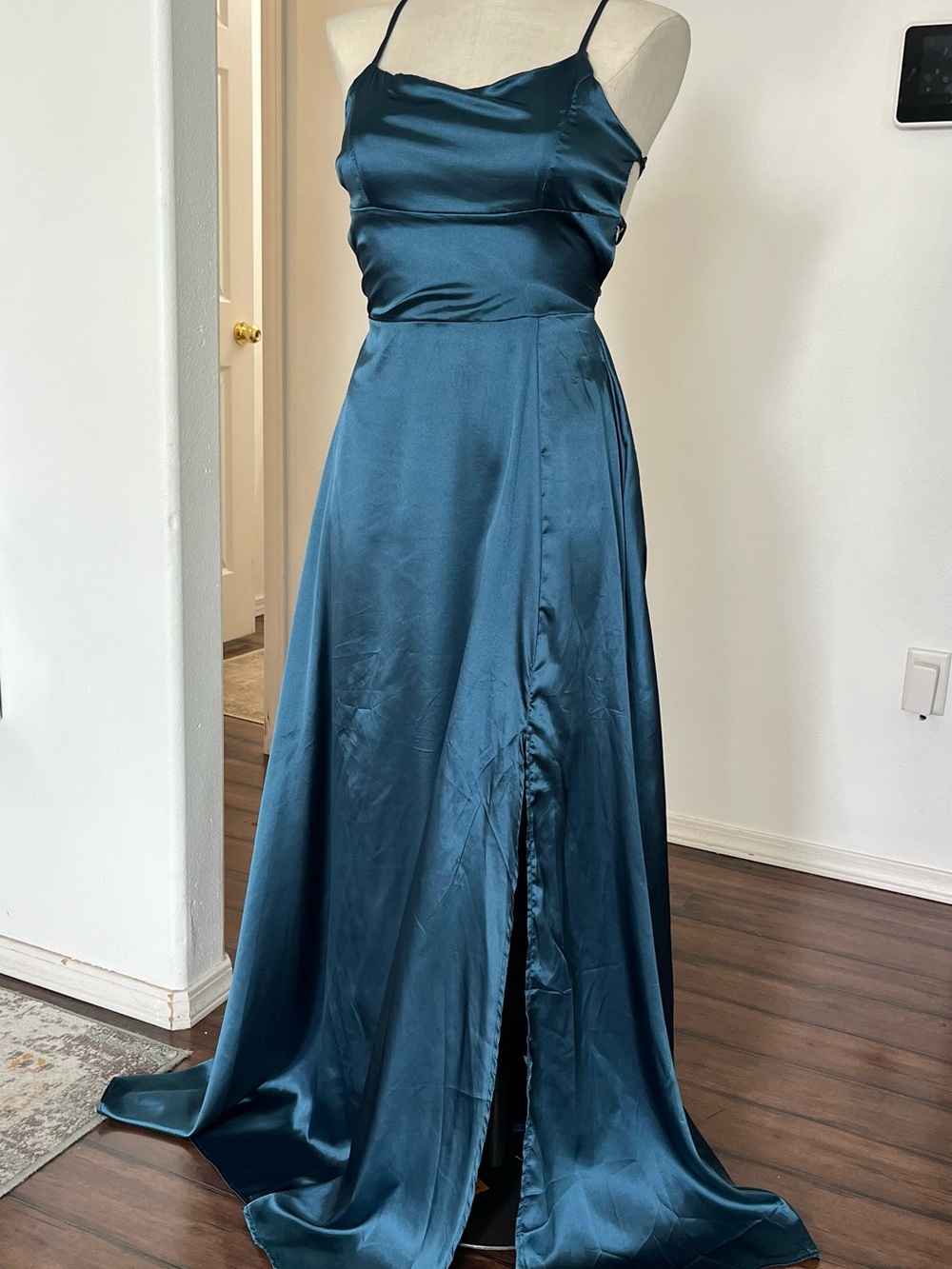 Teal Satin Cowl Neck Maxi Slip Dress with Front Slit